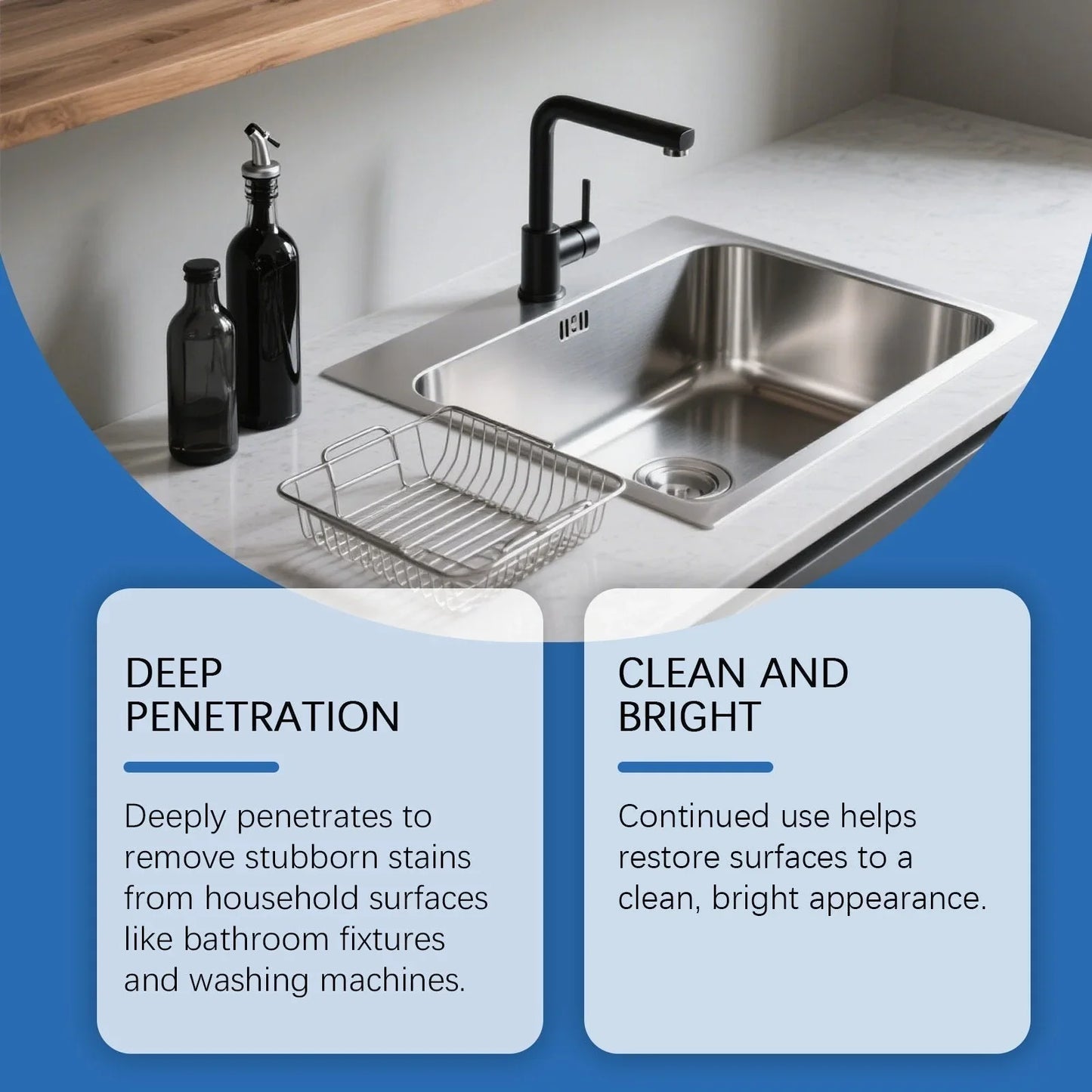 Modern kitchen sink with black faucet, soap dispenser, and stainless steel rack on clean counter, highlighting deep penetration cleaning and bright surface benefits from clarioy homeware products.