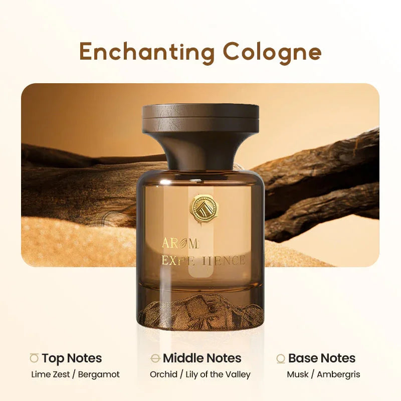 Clarioy premium cologne bottle with top, middle, and base notes on a natural wood background