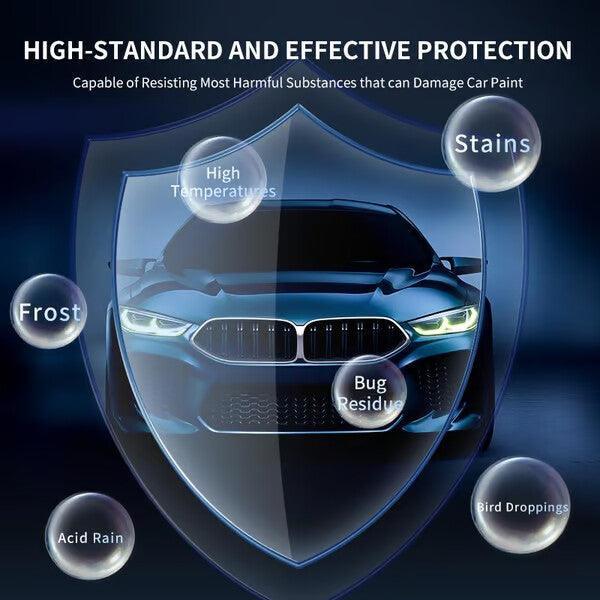 Car protected by shield graphic, highlighting resistance to stains, frost, acid rain, bug residue, and bird droppings, representing clarioy premium auto tools and car care.
