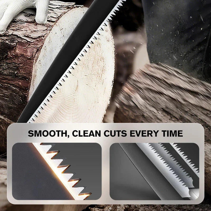 Premium hand saw making smooth cut through wood log, close-up of sharp blade teeth, clarioy auto tools