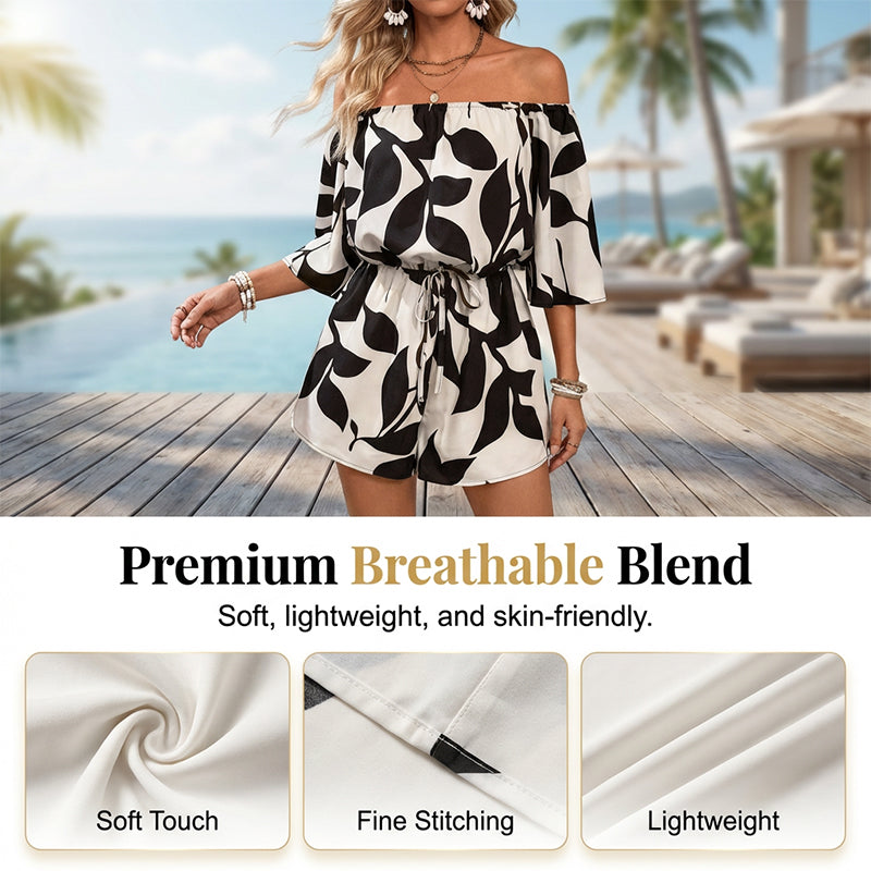 👗 LIMITED-TIME 50% OFF! ✨ Women's Off-Shoulder Shorts Jumpsuit – Abstract Print, Drawstring Waist, Vacation Ready 🌿