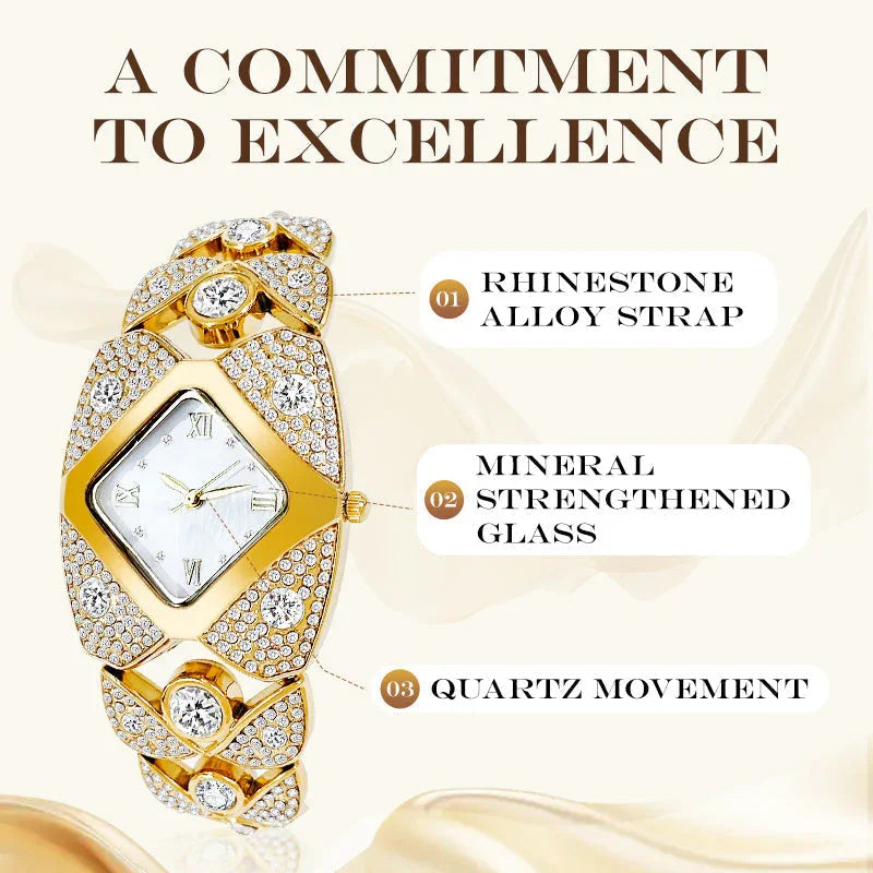 Gold rhinestone luxury watch with alloy strap, mineral glass, quartz movement by clarioy.