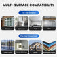 Multi-surface compatibility chart for clarioy homeware, showing interior and outdoor use on windows, bathrooms, walls, tiles, glass walls, stone buildings, roofs, and aluminum panels.