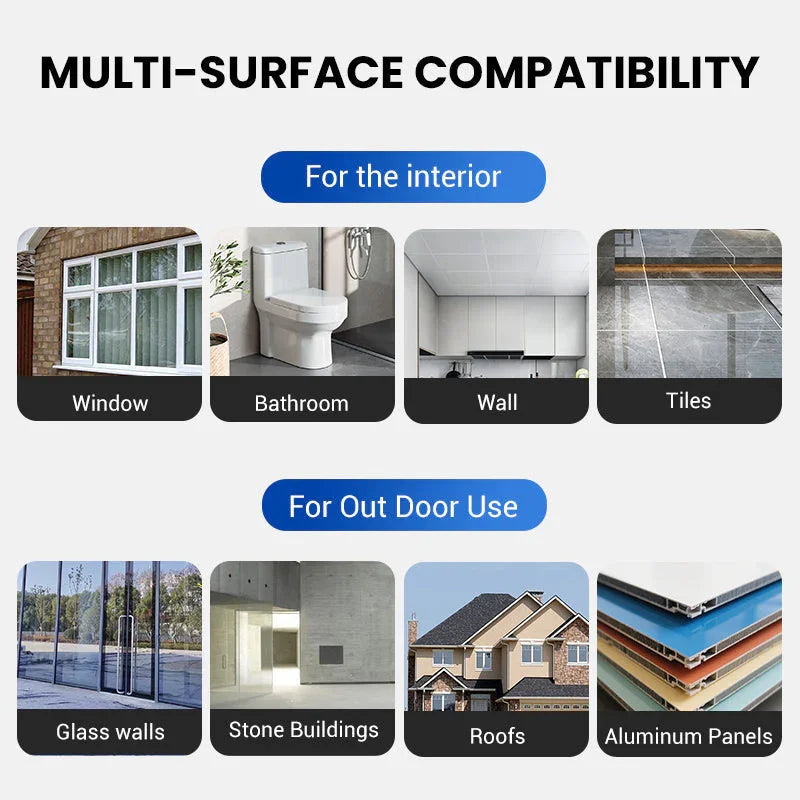 Multi-surface compatibility chart for clarioy homeware, showing interior and outdoor use on windows, bathrooms, walls, tiles, glass walls, stone buildings, roofs, and aluminum panels.