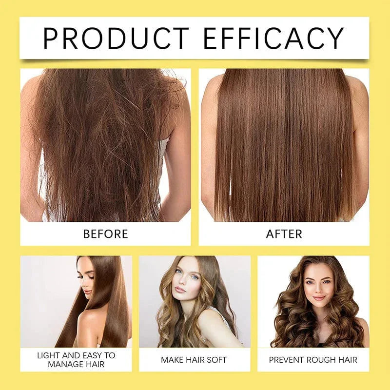 Before and after hair care results, showing smoother, softer, manageable, and shiny hair.