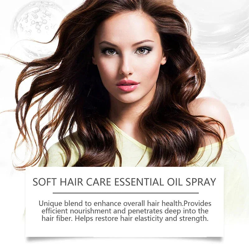 Woman with shiny, voluminous brown hair promoting Clarioy soft hair care essential oil spray.