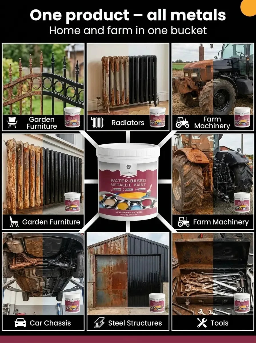 ⏳Time-Limited Special⏰Rust Converter Metallic Paint – One coat stops rust, no sanding, no fumes. Dries to a sleek metal finish. Perfect for garden tools & gates. 🔨🛡️