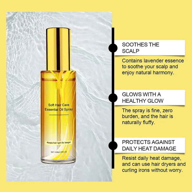 Soft Hair Care Essential Oil Spray bottle with gold cap, highlighting scalp soothing, healthy glow, and heat protection benefits, featured on clarioy.