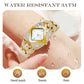 Gold diamond-studded women's watch on wrist, water resistant 3ATM, suitable for hand wash, sweat, rain. Premium jewelry from clarioy.