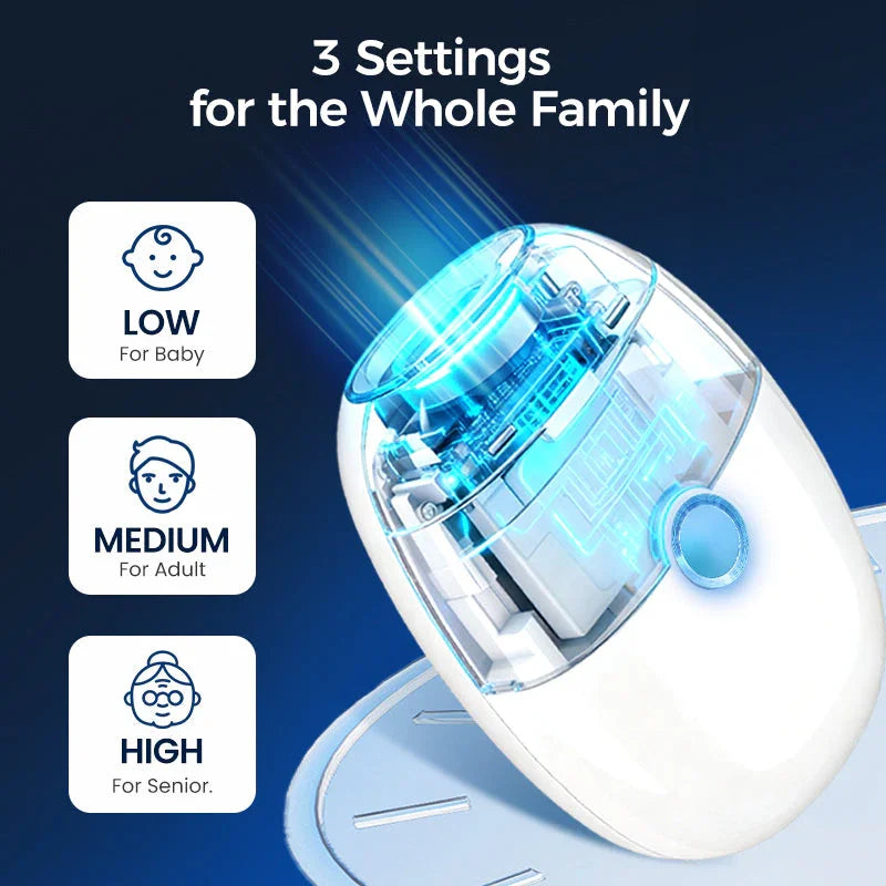 White electronic device from clarioy on display, showing 3 family-friendly power settings: low, medium, high.