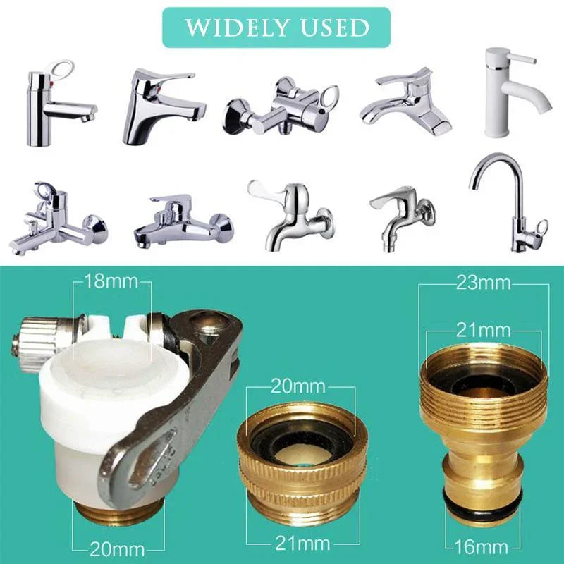 Universal brass faucet adapter set with dimensions, compatible with various tap types, clarioy auto tools