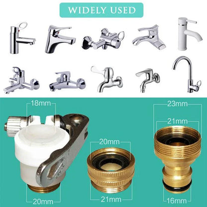 Universal brass faucet adapter set with dimensions, compatible with various tap types, clarioy auto tools