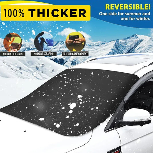Reversible thick windshield cover on car, snow and mountain backdrop, Clarioy auto accessory