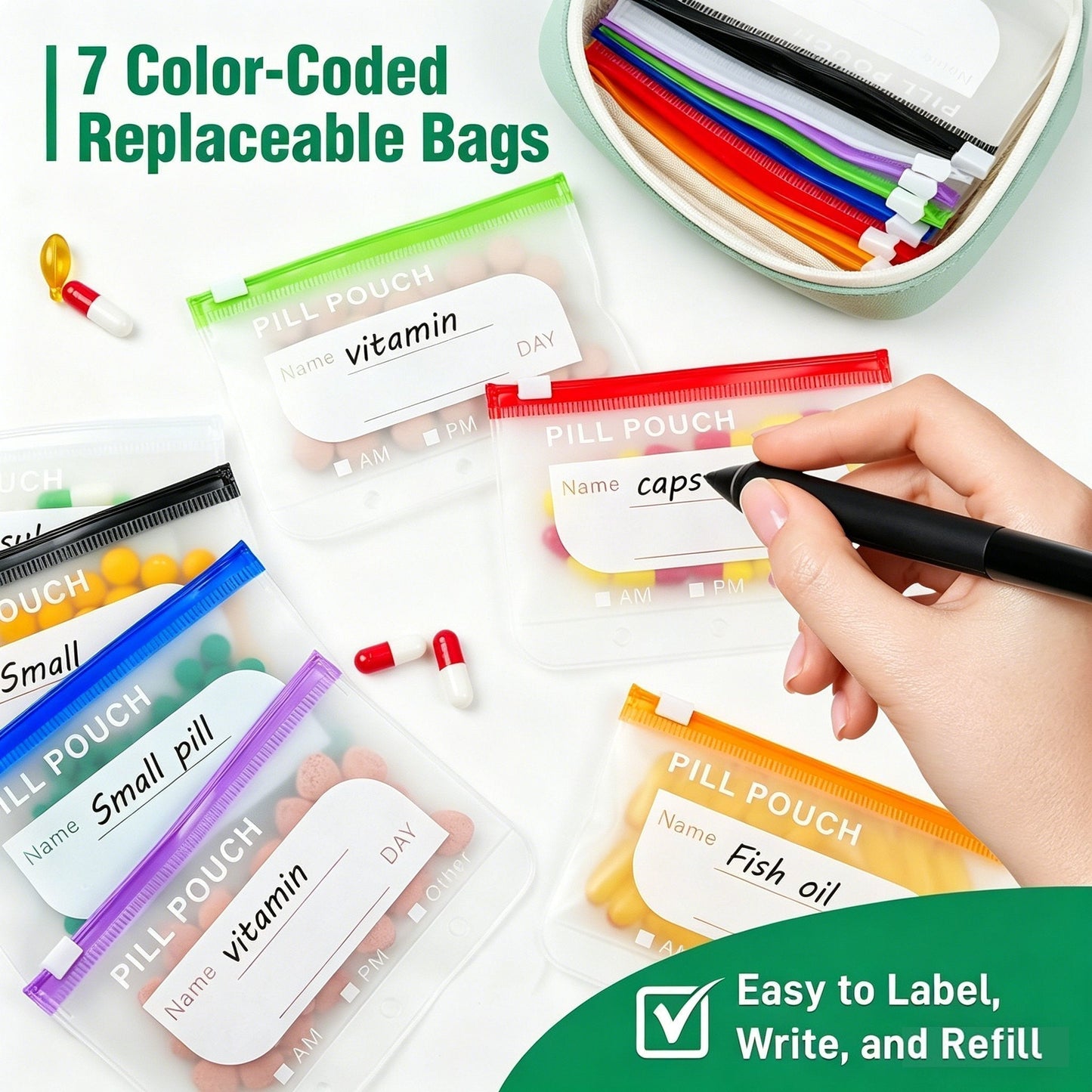 💊 A8 Waterproof 14 Color-Coded Pill Pouches Organizer – Portable Binder-Style Weekly Travel Medicine Storage Case for Pills, Vitamins & Supplements