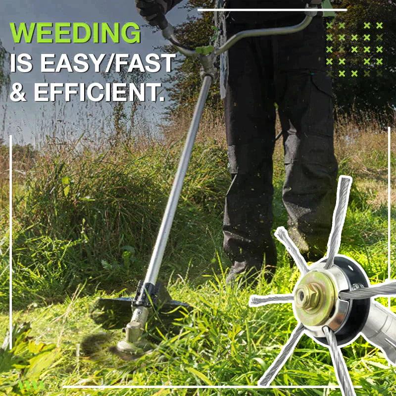 Man uses premium weed trimmer tool in grassy yard, highlighting efficient weeding by clarioy.