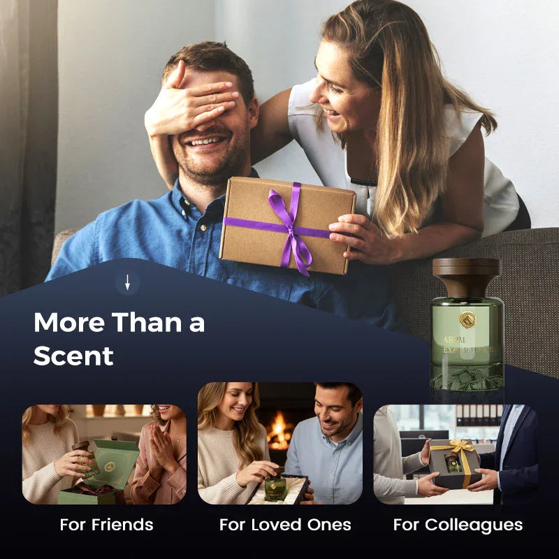 Woman surprising man with a gift box, promoting clarioy premium fragrance for gifting friends, loved ones, and colleagues.