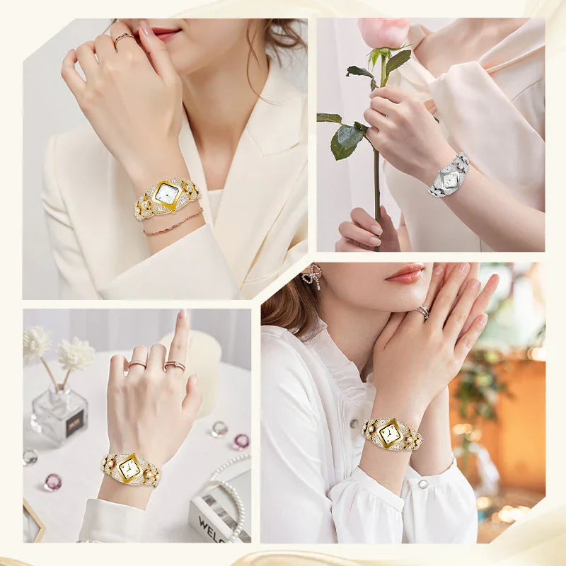 Elegant women wearing Clarioy luxury crystal wristwatches in gold and silver designs