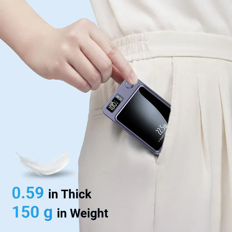 Slim portable power bank fits in pocket, lightweight 150g, 0.59 inch thick, clarioy electronics
