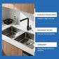 Modern stainless steel kitchen sink with black faucet and captions on cleaning ingredients.
