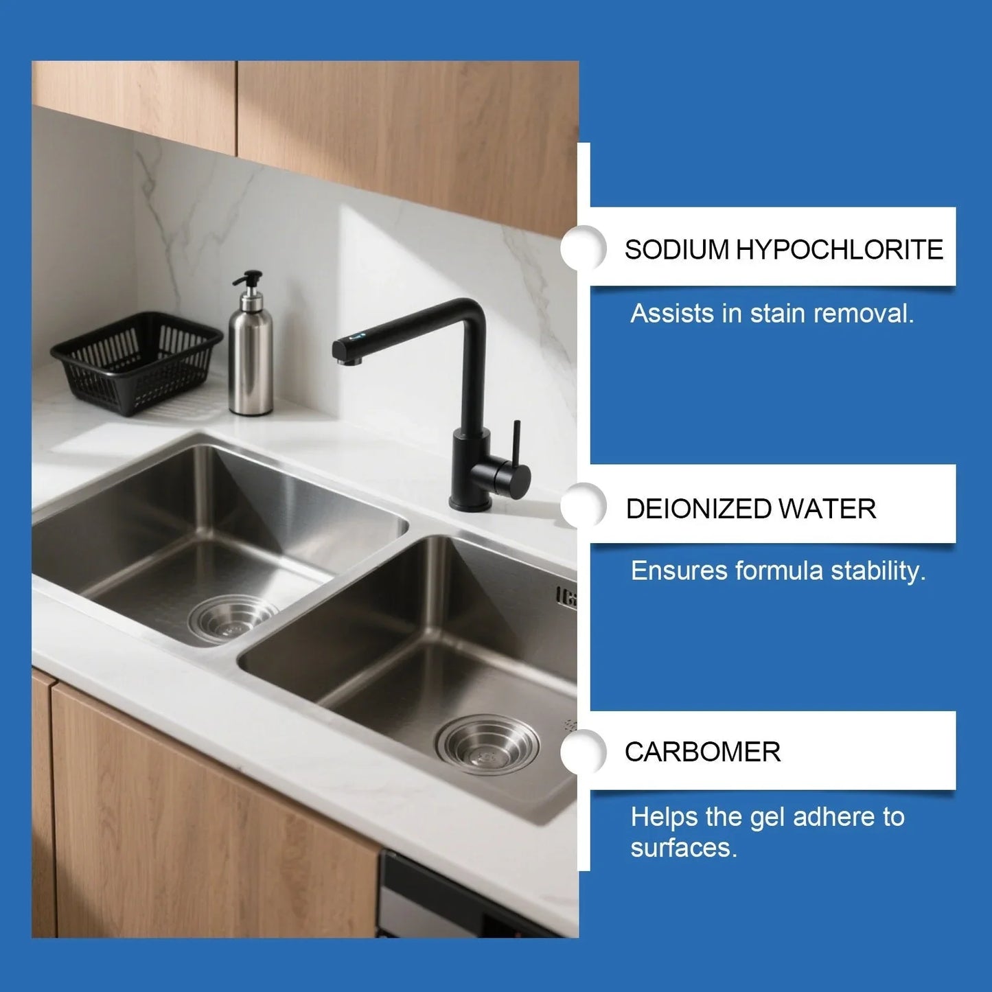 Modern stainless steel kitchen sink with black faucet and captions on cleaning ingredients.