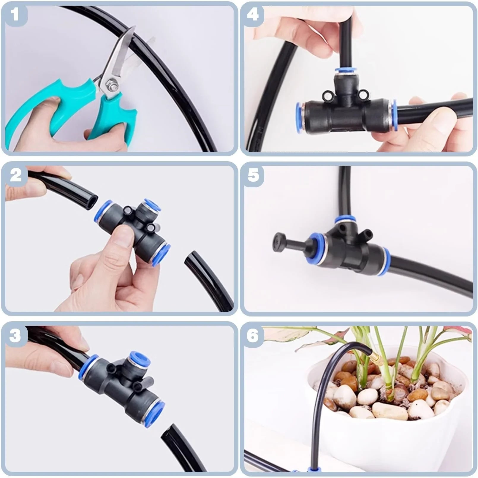 Step-by-step guide installing black irrigation tubing and connector for automatic plant watering, homeware tools from clarioy.