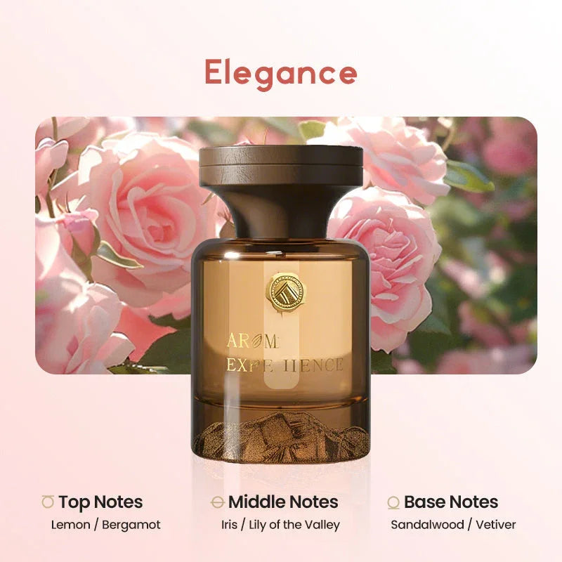 Elegant perfume bottle by clarioy with pink roses, showing scent notes: lemon, bergamot, iris, sandalwood.