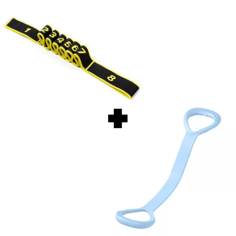 Black and yellow numbered stretch band plus blue plastic handle tool on white background, clarioy homeware.