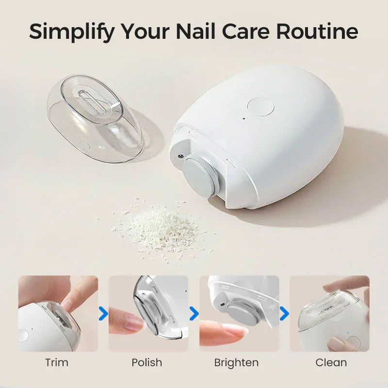 Electric nail care tool with transparent cover and trimming, polishing, brightening, cleaning steps