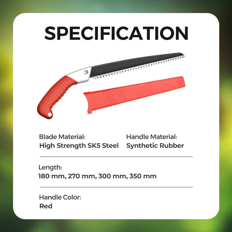 Clarioy premium hand saw with red rubber handle, SK5 steel blade, and protective sheath.
