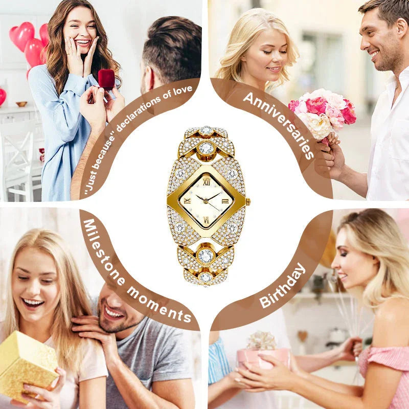 Gold diamond watch surrounded by couples celebrating anniversaries, birthdays, and milestones, featured on clarioy.