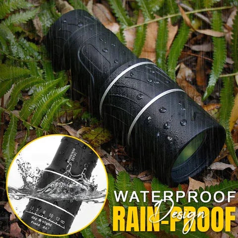 Waterproof monocular telescope in rain on forest floor, clarioy premium outdoor gear