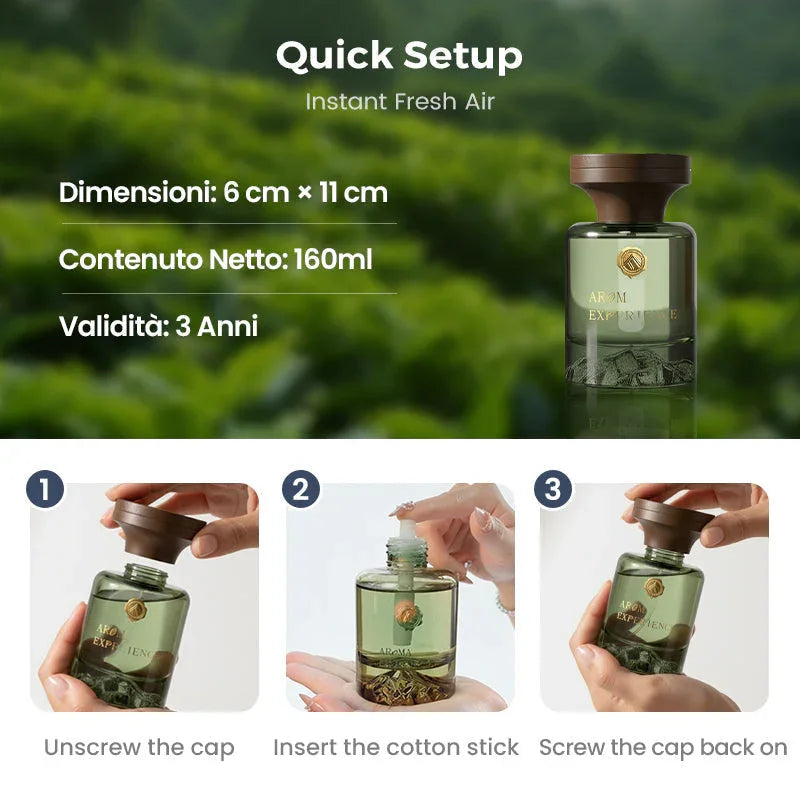 Clarioy aroma diffuser setup guide with bottle, cotton stick, and cap for instant fresh air.