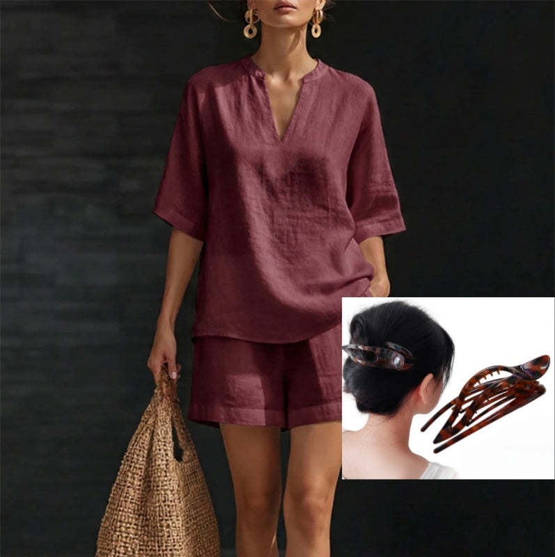 Women's Casual V-Neck Two-Piece Short Set