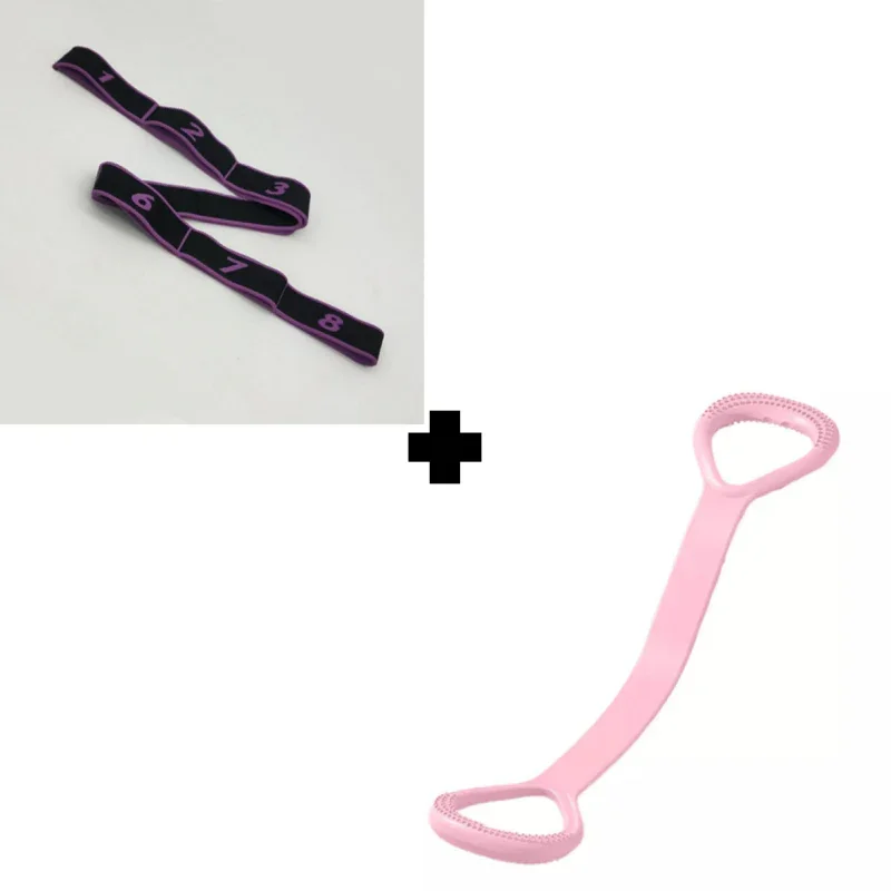 Purple resistance stretch band and pink yoga stretching strap bundle, clarioy home fitness tools.