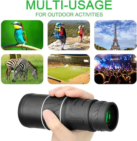 Hand holding black monocular telescope for outdoor activities, bird watching, travel, and sports