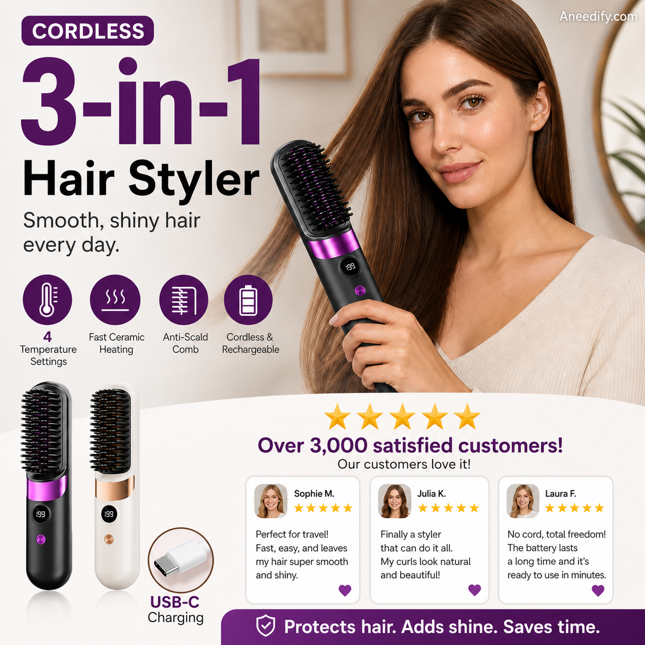 🥳2026 HOT SALE🥳💞50K+ SOLD!💇‍♀️🛡️ 50% OFF! 3‑in‑1 Cordless Hair Straightening Brush – Straighten, curl & detangle with 4 heat settings. Wider teeth prevent burns – safe for daily styling! ✨🌿