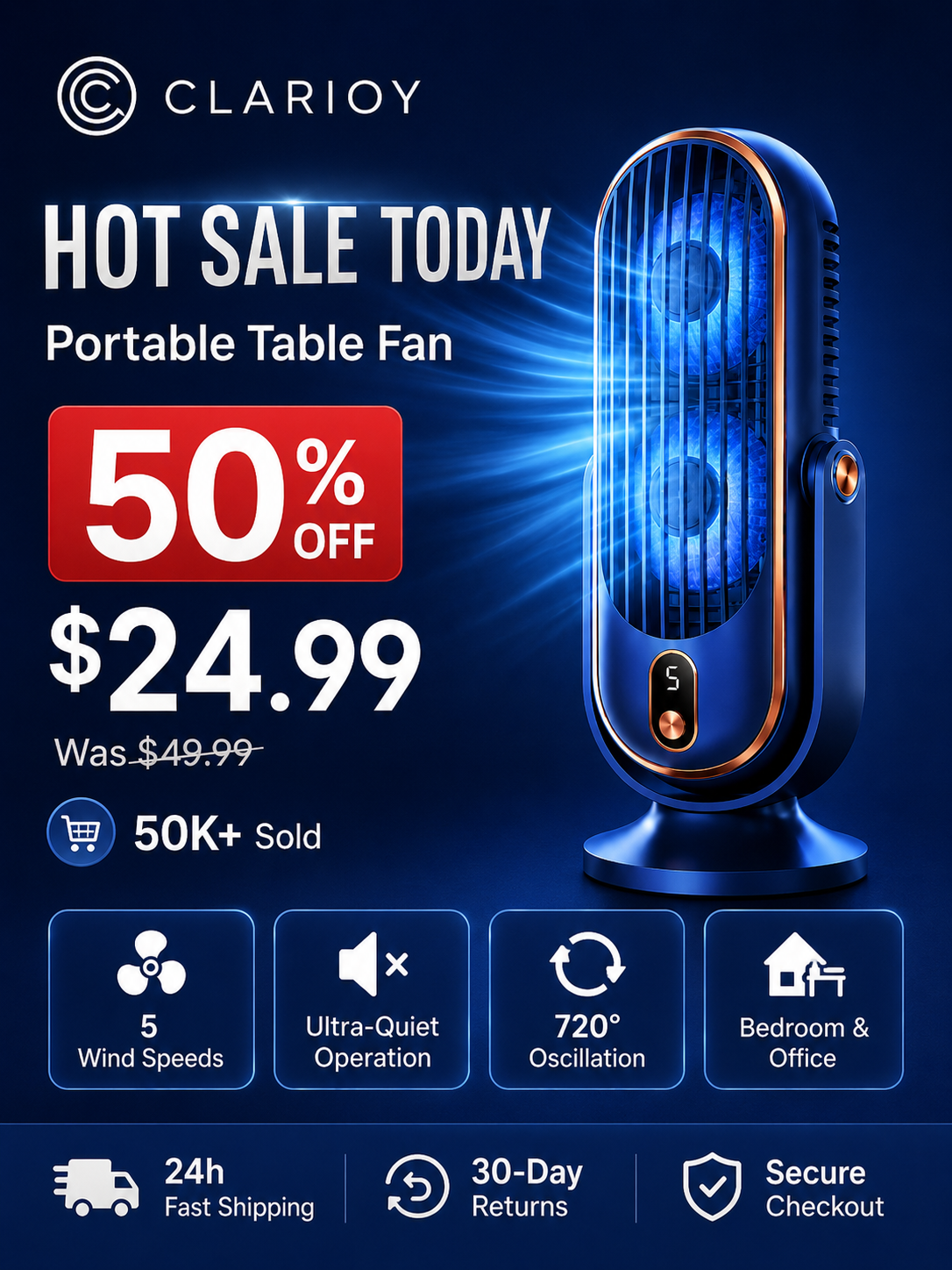 🥳2026 HOT SALE🥳💞50K+ SOLD!💨🌙 50% OFF! Portable Table Fan – 5 speeds, ultra‑quiet, gentle breeze. Perfect for bedroom or office. Stay cool without noise! 😴✨