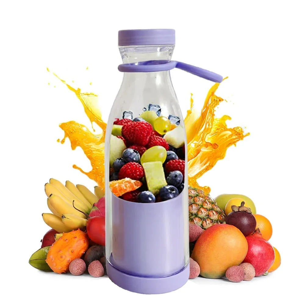 Portable blender bottle with mixed fruit, ice cubes, and splash, surrounded by fresh fruit