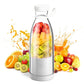 Portable fruit blender bottle filled with assorted fruits, surrounded by fresh fruit and juice on white background, clarioy homeware electronics product