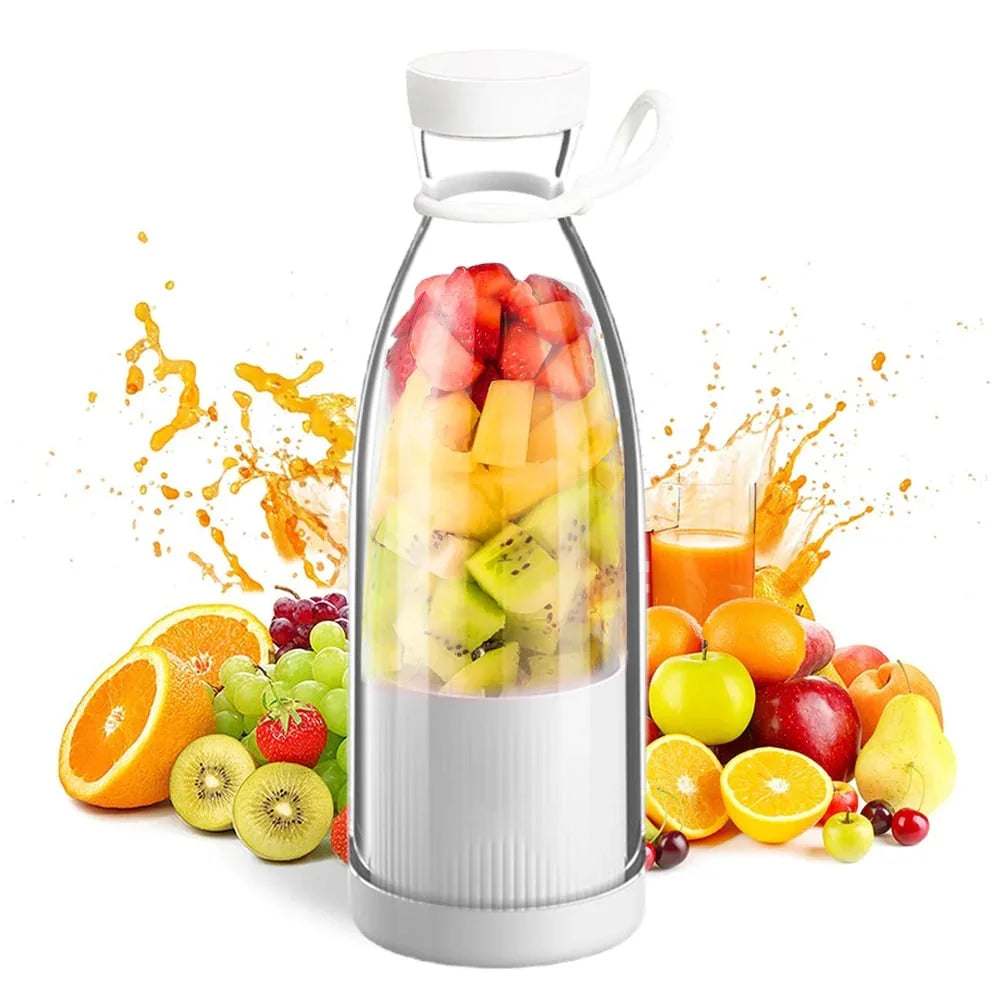 Portable fruit blender bottle filled with assorted fruits, surrounded by fresh fruit and juice on white background, clarioy homeware electronics product
