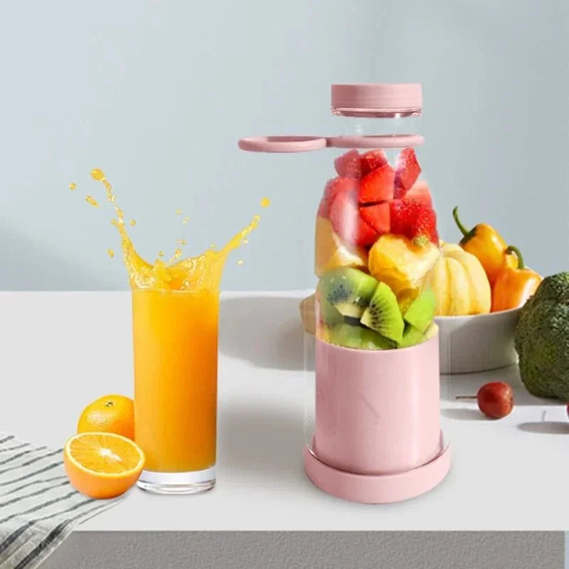 Fruit blender bottle with colorful fruits and a glass of orange juice on a kitchen counter, premium homeware by clarioy