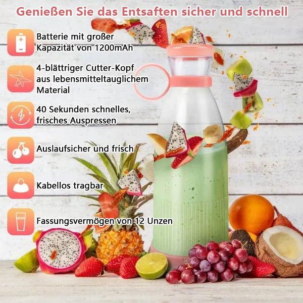 Portable fruit juicer bottle with green smoothie, surrounded by assorted fruits on wooden surface, clarioy auto tools and homeware ecommerce context.