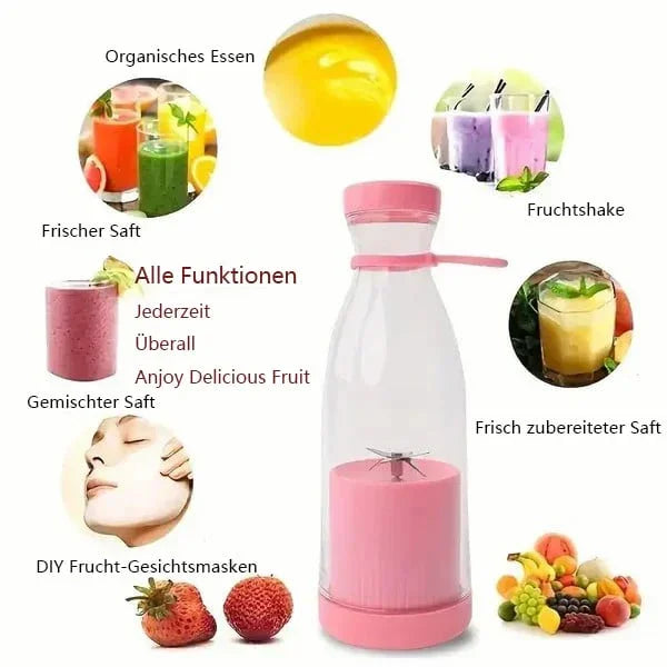 Pink portable blender bottle with fruits and fresh juice, ideal for smoothies and organic drinks.