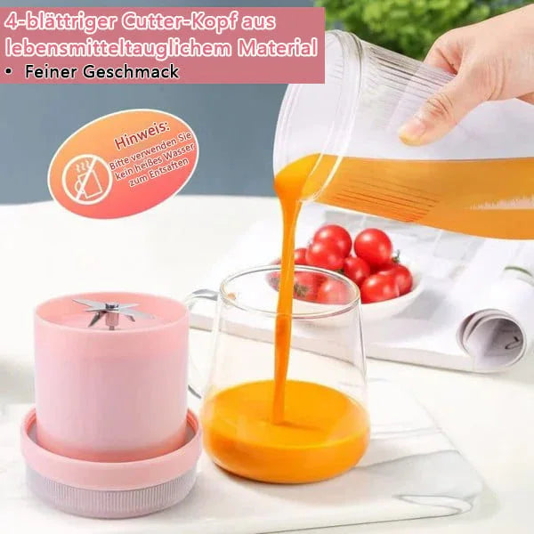 Pink portable blender with orange juice being poured into a glass, tomatoes in background, clarioy kitchen tool.