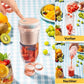 Portable fruit blender bottle making fresh juice on checkered table with assorted fruits, Clarioy homeware.