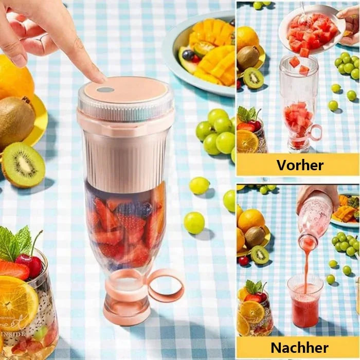Portable fruit blender bottle making fresh juice on checkered table with assorted fruits, Clarioy homeware.