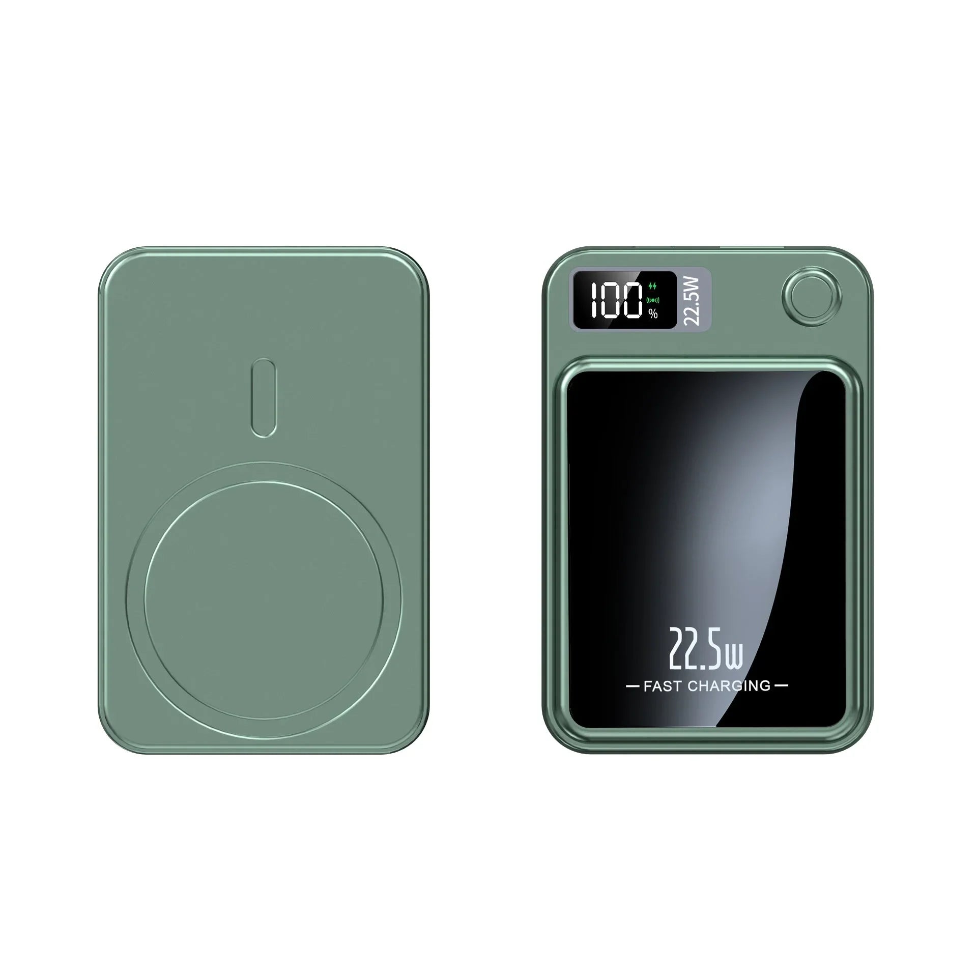 Green portable power bank with digital display, 22.5W fast charging, available at clarioy.