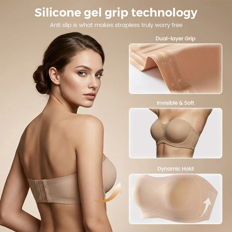 ⛱️Last Day Special Price ＄16.99!!💞Womens Strapless Bras Push Up Bandeau Bra Non Slip Wireless Supportive Padded Bras Seamless Comfortable Tube Jelly Bra