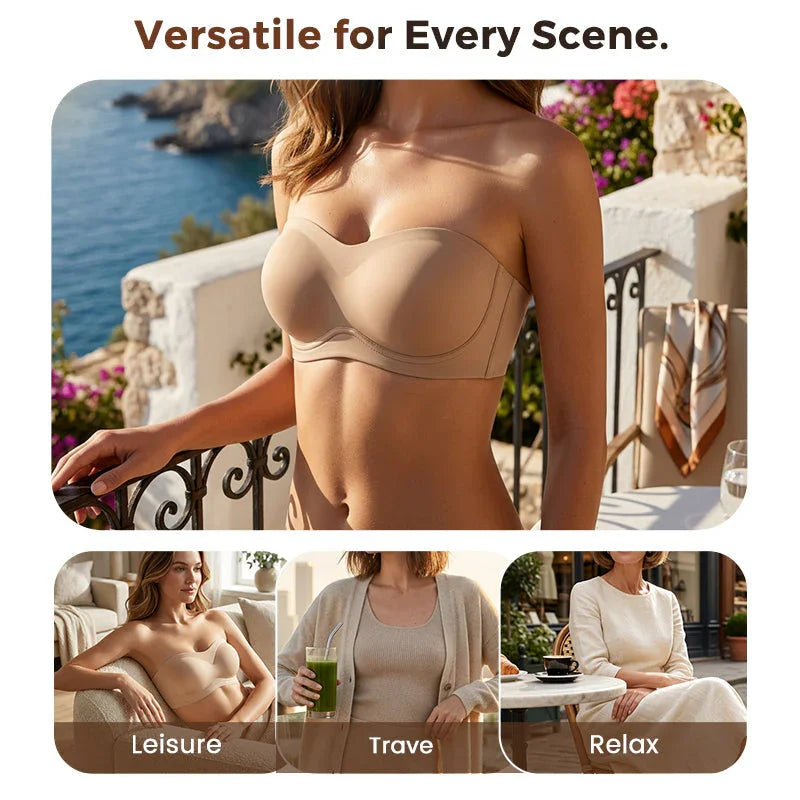 ⛱️Last Day Special Price ＄16.99!!💞Womens Strapless Bras Push Up Bandeau Bra Non Slip Wireless Supportive Padded Bras Seamless Comfortable Tube Jelly Bra
