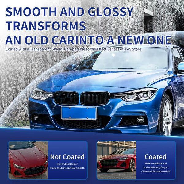 Glossy blue sedan with transparent coating, demonstrating car care product benefits from clarioy.
